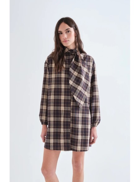 VESTIDO CORTO 100% ALGODON CON ESTAMPADO DE CUADROS MARRON 11035