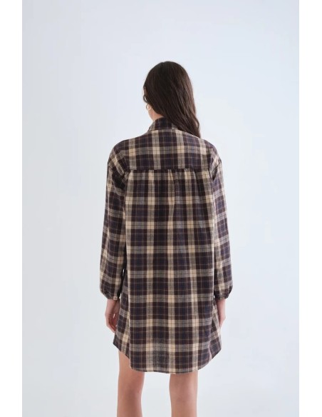 VESTIDO CORTO 100% ALGODON CON ESTAMPADO DE CUADROS MARRON 11035