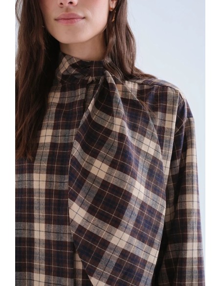 VESTIDO CORTO 100% ALGODON CON ESTAMPADO DE CUADROS MARRON 11035