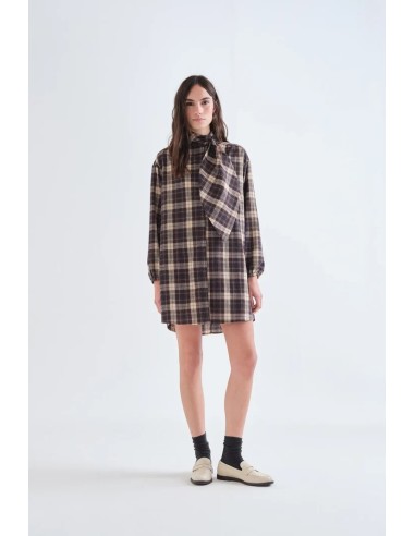 VESTIDO CORTO 100% ALGODON CON ESTAMPADO DE CUADROS MARRON 11035
