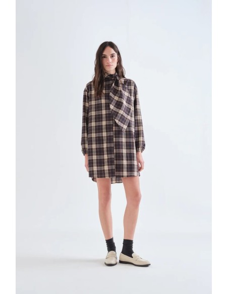 VESTIDO CORTO 100% ALGODON CON ESTAMPADO DE CUADROS MARRON 11035