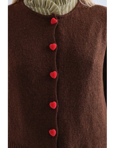 CARDIGAN MARRON CON BOTONES DE CORAZON ROJO 10244