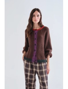 CARDIGAN PUNTO MARRON CON DETALLES MULTICOLOR 10316