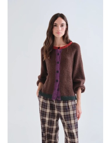 CARDIGAN PUNTO MARRON CON DETALLES MULTICOLOR 10316