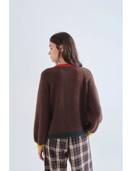 CARDIGAN PUNTO MARRON CON DETALLES MULTICOLOR 10316